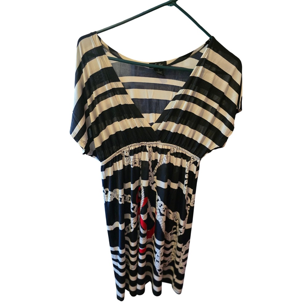 5th & Love Nautical Anchor Stripe Tunic Top Navy Blue White‎ Red Empire Waist M